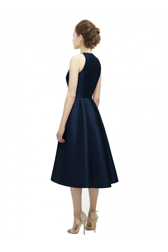 Online Dunkelmarine A-Linien Neckholder Juwel Ausschnitt Wadenlang Satin Kurze Brautjungfernkleider