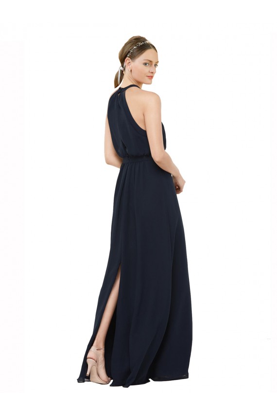 Online Dunkelmarine A-Linien Neckholder Stehkragen Ausschnitt Chiffon Lange Brautjungfernkleider