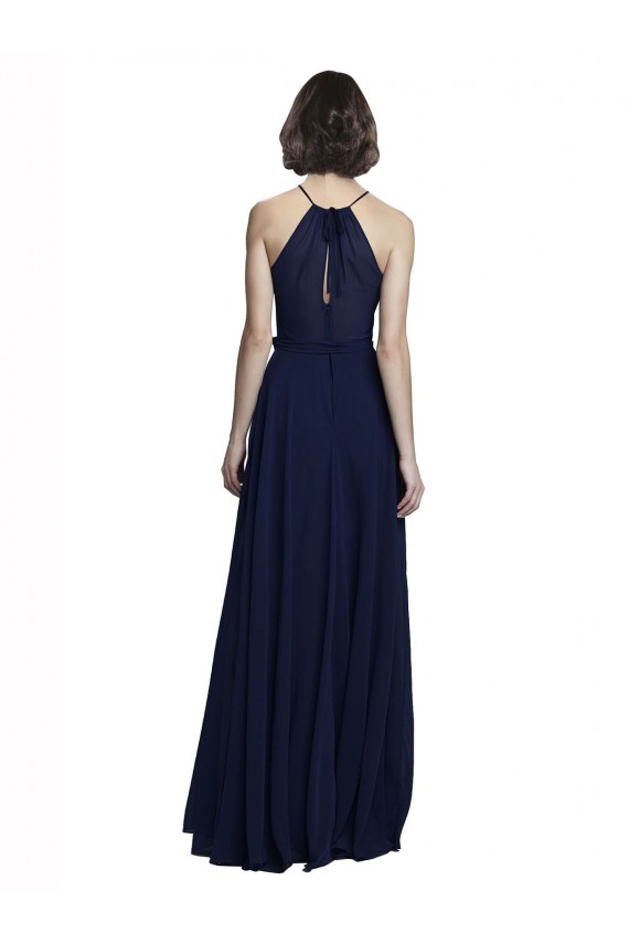 Online Dunkelmarine A-Linien Neckholder Stehkragen Ausschnitt Chiffon Lange Brautjungfernkleider