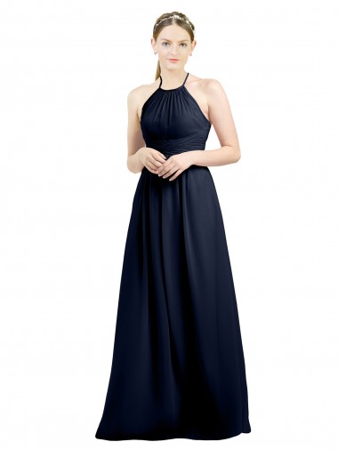 Online Dunkelmarine A-Linien Neckholder Stehkragen Ausschnitt Chiffon Lange Brautjungfernkleider