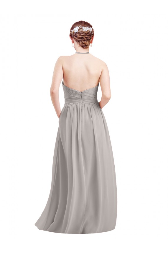 Online Dunkelmarine A-Linien Neckholder Stehkragen Ausschnitt Chiffon Lange Brautjungfernkleider