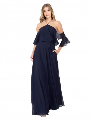 Online Dunkelmarine A-Linien Neckholder Stehkragen Ausschnitt Chiffon Lange Brautjungfernkleider