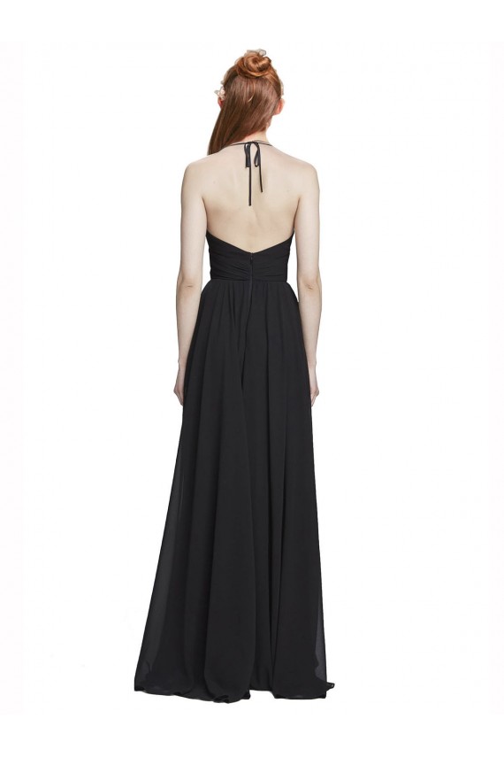 Online Dunkelmarine A-Linien Neckholder V-Ausschnitt Chiffon Lange Brautjungfernkleider