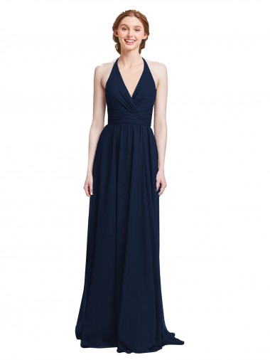 Online Dunkelmarine A-Linien Neckholder V-Ausschnitt Chiffon Lange Brautjungfernkleider