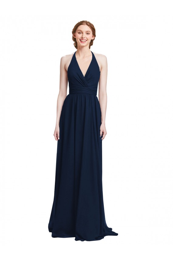 Online Dunkelmarine A-Linien Neckholder V-Ausschnitt Chiffon Lange Brautjungfernkleider