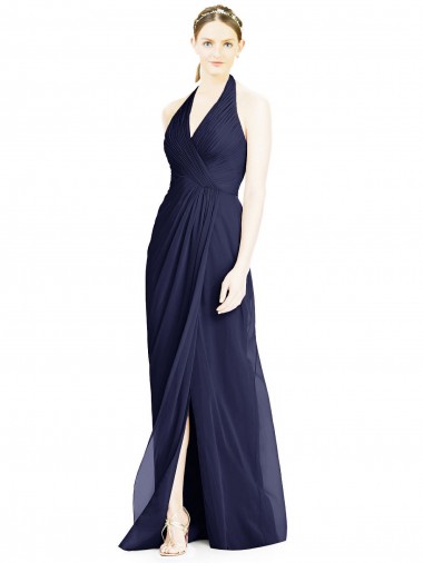 Online Dunkelmarine A-Linien Neckholder V-Ausschnitt Chiffon Lange Brautjungfernkleider