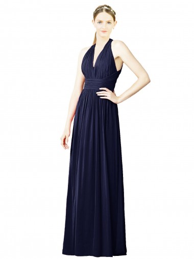 Online Dunkelmarine A-Linien Neckholder V-Ausschnitt Chiffon Lange Brautjungfernkleider