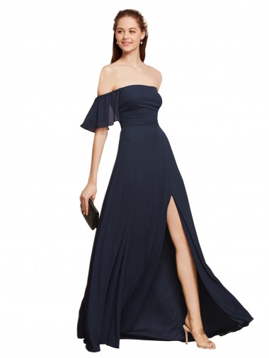Online Dunkelmarine A-Linien Off-Schulter Chiffon Lange Brautjungfernkleider / Abiballkleider