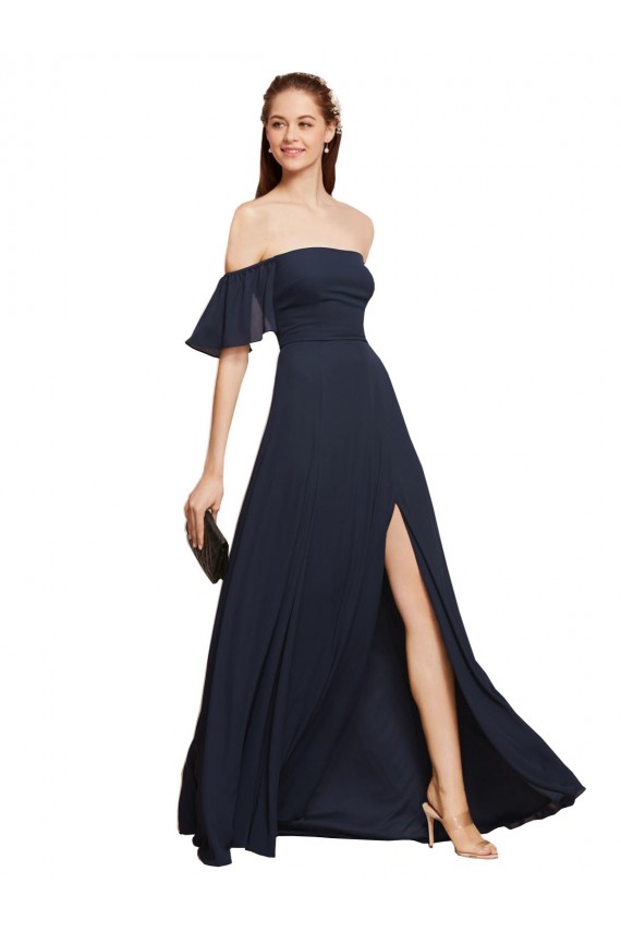 Online Dunkelmarine A-Linien Off-Schulter Chiffon Lange Brautjungfernkleider / Abiballkleider