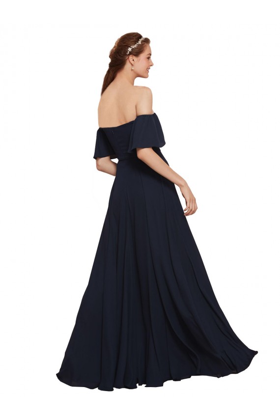 Online Dunkelmarine A-Linien Off-Schulter Chiffon Lange Brautjungfernkleider / Abiballkleider
