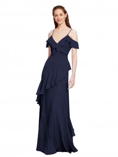 Online Dunkelmarine A-Linien Off-Schulter Spaghetti-Träger Chiffon Lange Brautjungfernkleider