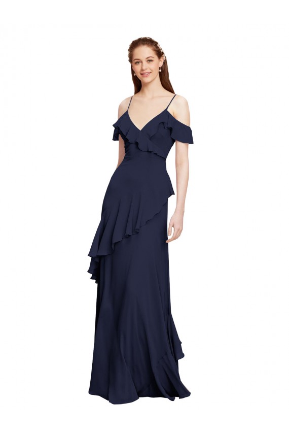 Online Dunkelmarine A-Linien Off-Schulter Spaghetti-Träger Chiffon Lange Brautjungfernkleider