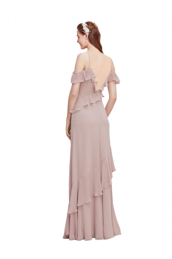 Online Dunkelmarine A-Linien Off-Schulter Spaghetti-Träger Chiffon Lange Brautjungfernkleider
