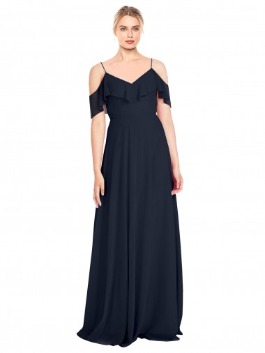 Online Dunkelmarine A-Linien Off-Schulter Spaghetti-Träger Chiffon Lange Brautjungfernkleider