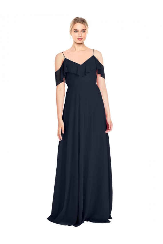 Online Dunkelmarine A-Linien Off-Schulter Spaghetti-Träger Chiffon Lange Brautjungfernkleider
