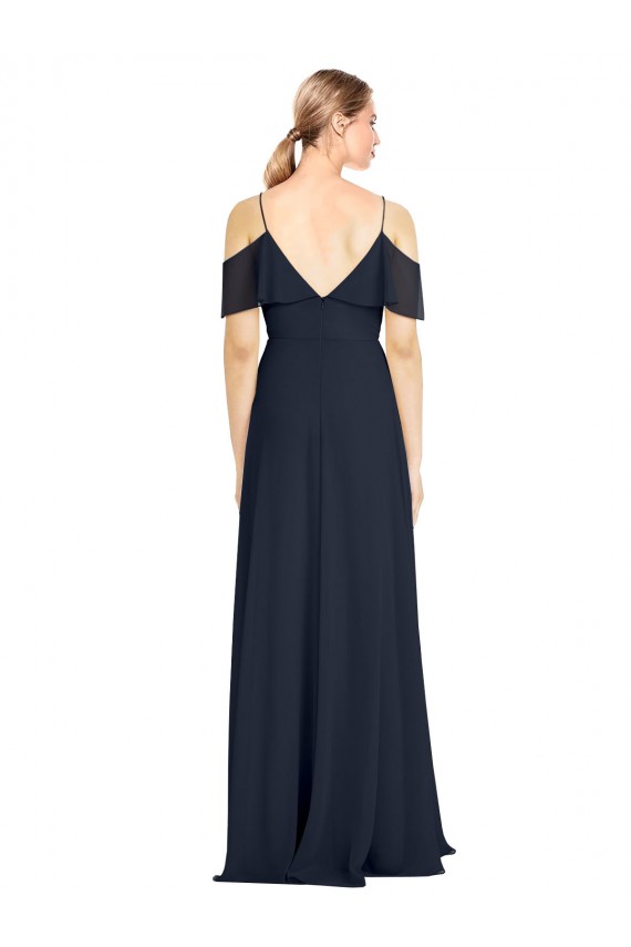 Online Dunkelmarine A-Linien Off-Schulter Spaghetti-Träger Chiffon Lange Brautjungfernkleider