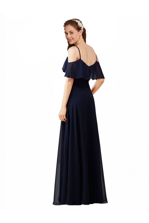 Online Dunkelmarine A-Linien Off-Schulter V-Ausschnitt Chiffon Lange Brautjungfernkleider