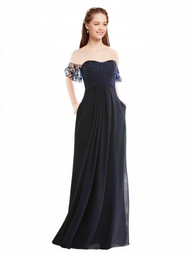Online Dunkelmarine A-Linien Off-Schulter V-Ausschnitt Chiffon Spitze Lange Brautjungfernkleider