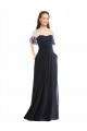 Online Dunkelmarine A-Linien Off-Schulter V-Ausschnitt Chiffon Spitze Lange Brautjungfernkleider