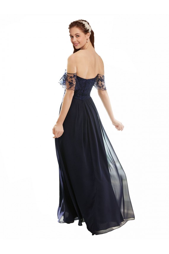 Online Dunkelmarine A-Linien Off-Schulter V-Ausschnitt Chiffon Spitze Lange Brautjungfernkleider