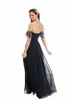 Online Dunkelmarine A-Linien Off-Schulter V-Ausschnitt Chiffon Spitze Lange Brautjungfernkleider