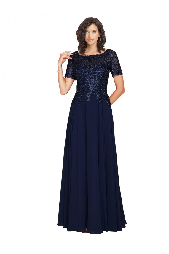 Online Dunkelmarine A-Linien Runder Ausschnitt Chiffon Lange Brautjungfernkleider / Abiballkleider