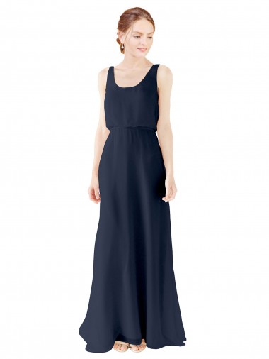 Online Dunkelmarine A-Linien Scoop Chiffon Lange Brautjungfernkleider