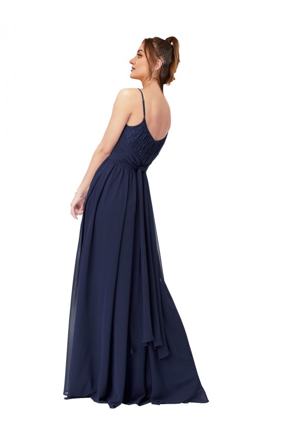 Online Dunkelmarine A-Linien Scoop Chiffon Spitze Lange Brautjungfernkleider