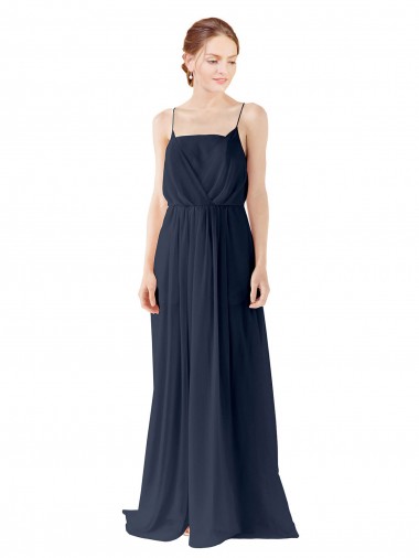 Online Dunkelmarine A-Linien Spaghetti-Träger Chiffon Lange Brautjungfernkleider