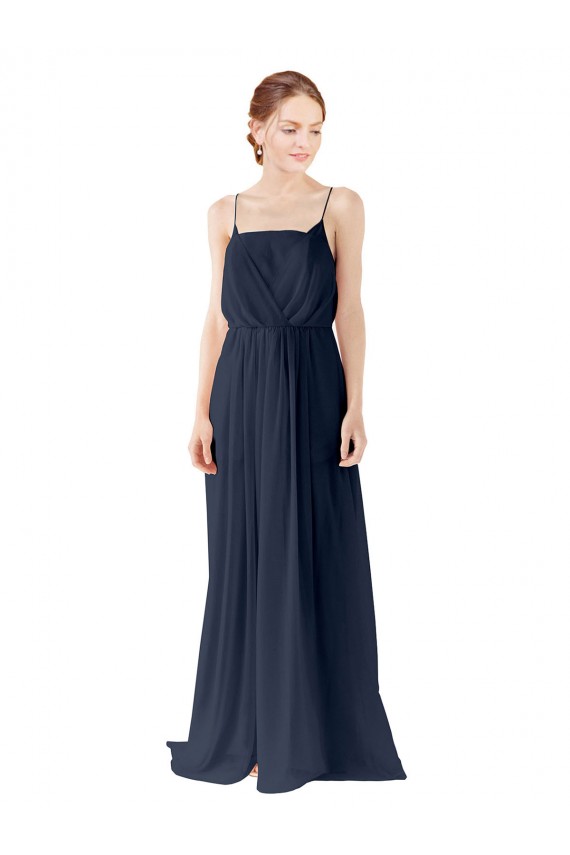Online Dunkelmarine A-Linien Spaghetti-Träger Chiffon Lange Brautjungfernkleider