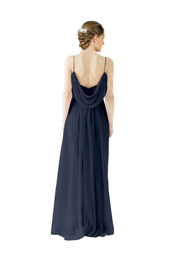 Online Dunkelmarine A-Linien Spaghetti-Träger Chiffon Lange Brautjungfernkleider