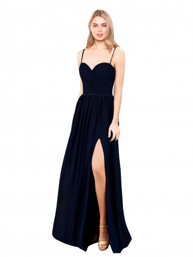 Online Dunkelmarine A-Linien Spaghetti-Träger Chiffon Lange Formale Brautjungfernkleider / Abendkleider
