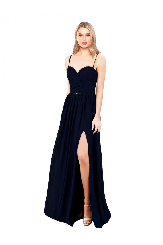 Online Dunkelmarine A-Linien Spaghetti-Träger Chiffon Lange Formale Brautjungfernkleider / Abendkleider