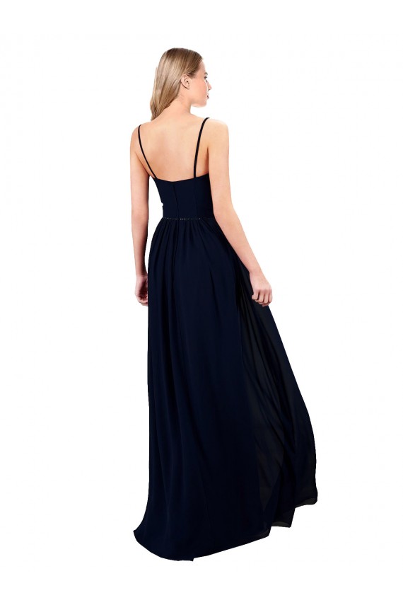 Online Dunkelmarine A-Linien Spaghetti-Träger Chiffon Lange Formale Brautjungfernkleider / Abendkleider