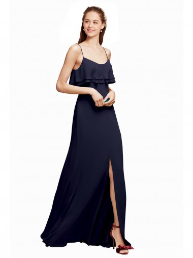 Online Dunkelmarine A-Linien Spaghetti-Träger Scoop Chiffon Lange Brautjungfernkleider
