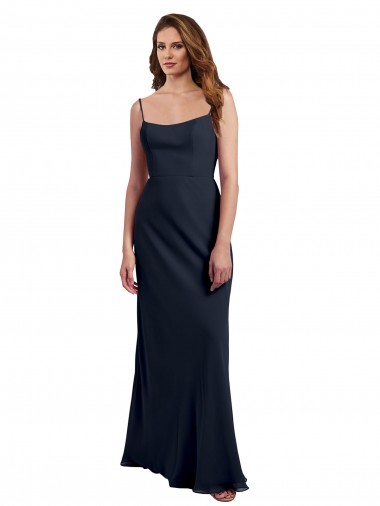 Online Dunkelmarine A-Linien Spaghetti-Träger Scoop Chiffon Lange Brautjungfernkleider