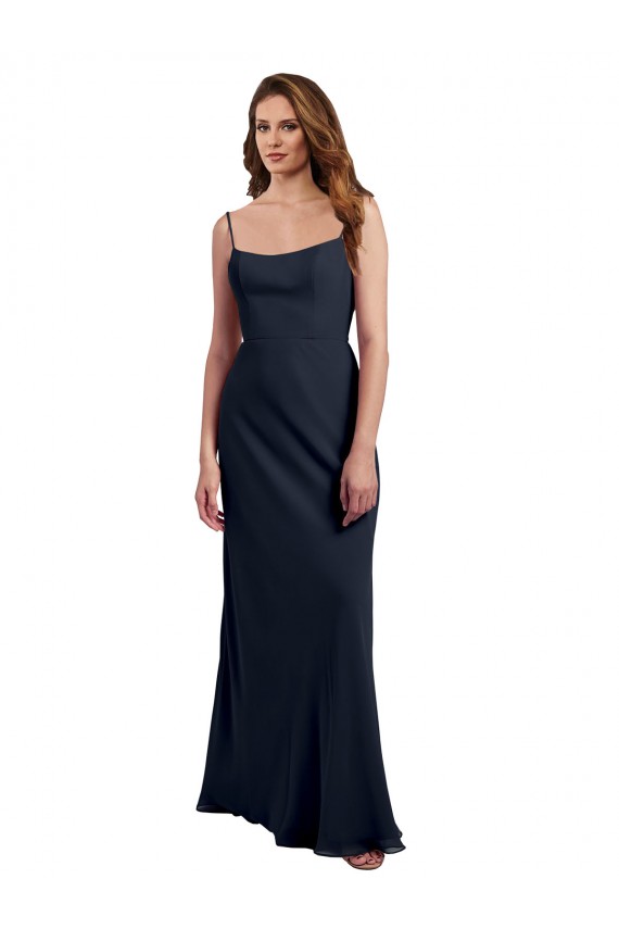 Online Dunkelmarine A-Linien Spaghetti-Träger Scoop Chiffon Lange Brautjungfernkleider