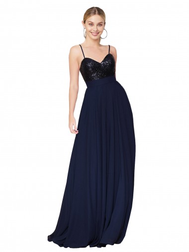 Online Dunkelmarine A-Linien Spaghetti-Träger Stehkragen Ausschnitt Chiffon Paillette Lange Brautjungfernkleider / Abiballkleider