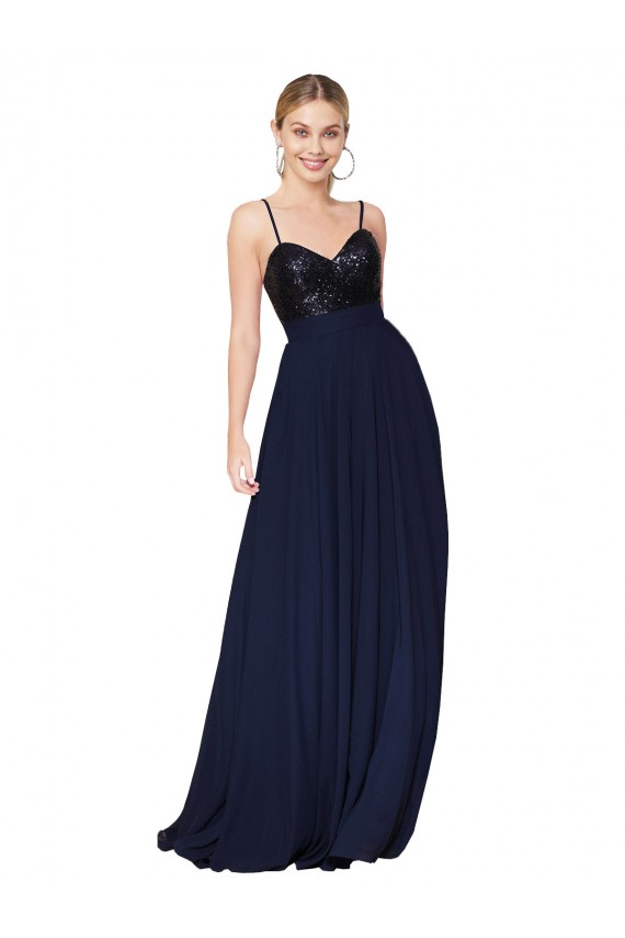 Online Dunkelmarine A-Linien Spaghetti-Träger Stehkragen Ausschnitt Chiffon Paillette Lange Brautjungfernkleider / Abiballkleider