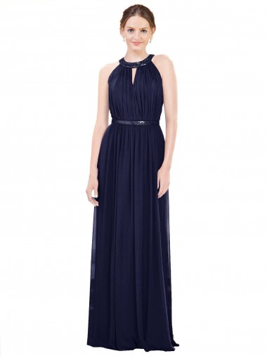 Online Dunkelmarine A-Linien Stehkragen Ausschnitt Chiffon Lange Brautjungfernkleider