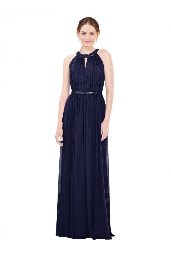 Online Dunkelmarine A-Linien Stehkragen Ausschnitt Chiffon Lange Brautjungfernkleider