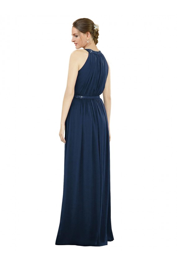 Online Dunkelmarine A-Linien Stehkragen Ausschnitt Chiffon Lange Brautjungfernkleider