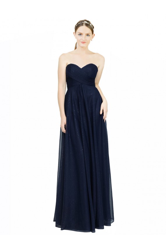 Online Dunkelmarine A-Linien Trägerlos Chiffon Lange Brautjungfernkleider
