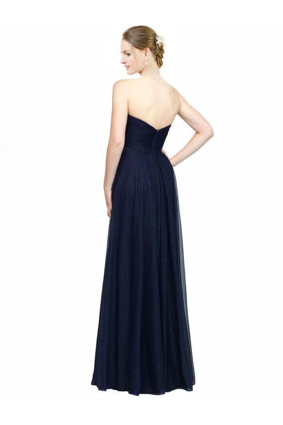 Online Dunkelmarine A-Linien Trägerlos Chiffon Lange Brautjungfernkleider