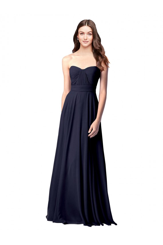 Online Dunkelmarine A-Linien Trägerlos Chiffon Lange Brautjungfernkleider