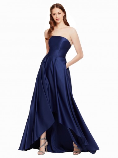 Online Dunkelmarine A-Linien Trägerlos Satin Lange Formale Brautjungfernkleider / Abendkleider / Abiballkleider