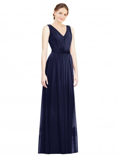 Online Dunkelmarine A-Linien V-Ausschnitt Chiffon Lange Brautjungfernkleider