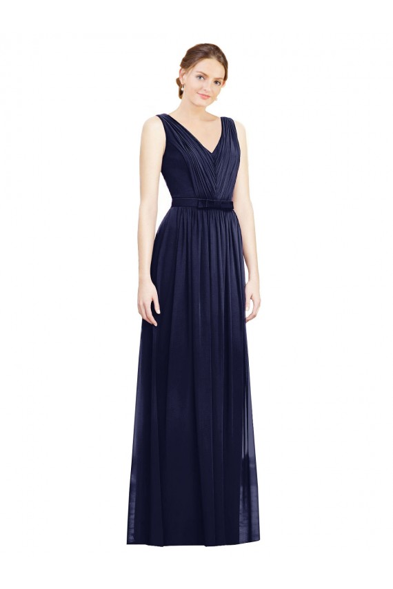 Online Dunkelmarine A-Linien V-Ausschnitt Chiffon Lange Brautjungfernkleider