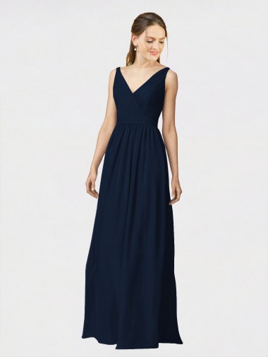Online Dunkelmarine A-Linien V-Ausschnitt Chiffon Lange Brautjungfernkleider