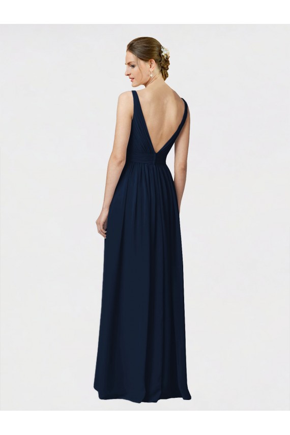 Online Dunkelmarine A-Linien V-Ausschnitt Chiffon Lange Brautjungfernkleider